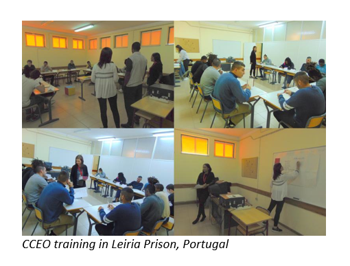 Four photos of CCEO training in a classroom in Leiria Prison, Portugal.