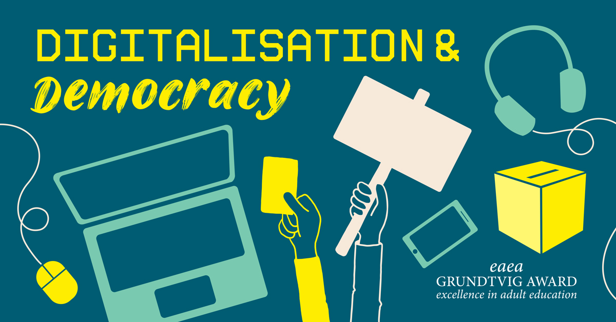 Banner displaying the words digitalisation and democracy, illustrated with a laptop, a smartphone...
