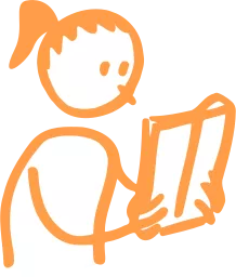 Ein weibliches Strichmännchen liest in einem Buch oder Prospekt.