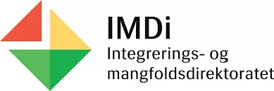 IMDi logo: Skrå firkant som er delt i fire trekanter, en mørk grønn, en lys grønn, en gul og en r...