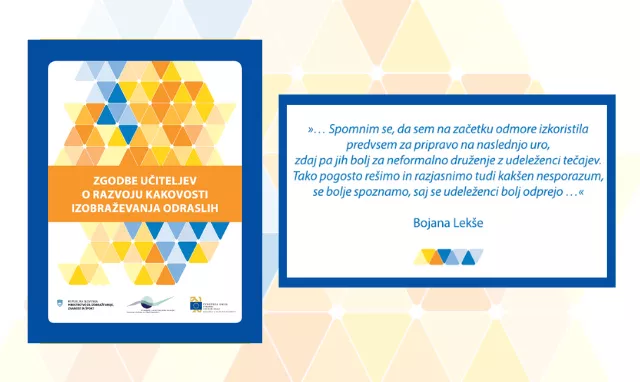 Naslovnica zbornika Zgodbe učiteljev o razvoju kakovosti izobraževanja odraslih in citat iz publi...