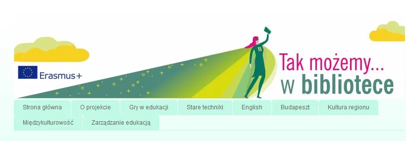Logo bloga projektu z logotypem programu Erasmus+ Logo bloga projektu: silna kobieta w szerokiej pelerynie i z książką w wyciągniętej ręce nad tytu...