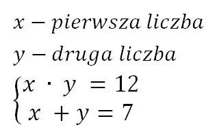 Układ równań z dwiema niewiadomymi Układ równań z dwiema niewiadomymi. Iks razy igrek równa się 12. Iks plus igrek równa się 7.us i...