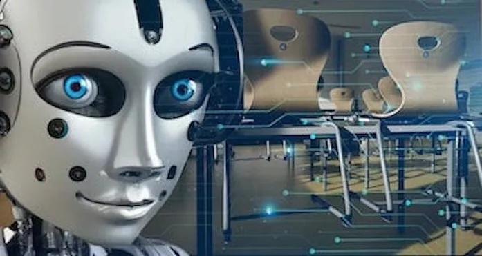 ChatGpt som studiestöd för elever en ai-genererad bild av ett klassrum och en robot.