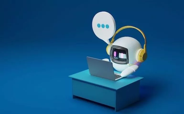 ChatGpt som studiestöd för elever en ai-genererad bild av en robot som sitter vid ett bord och har en uppslagen laptop framför sig ...