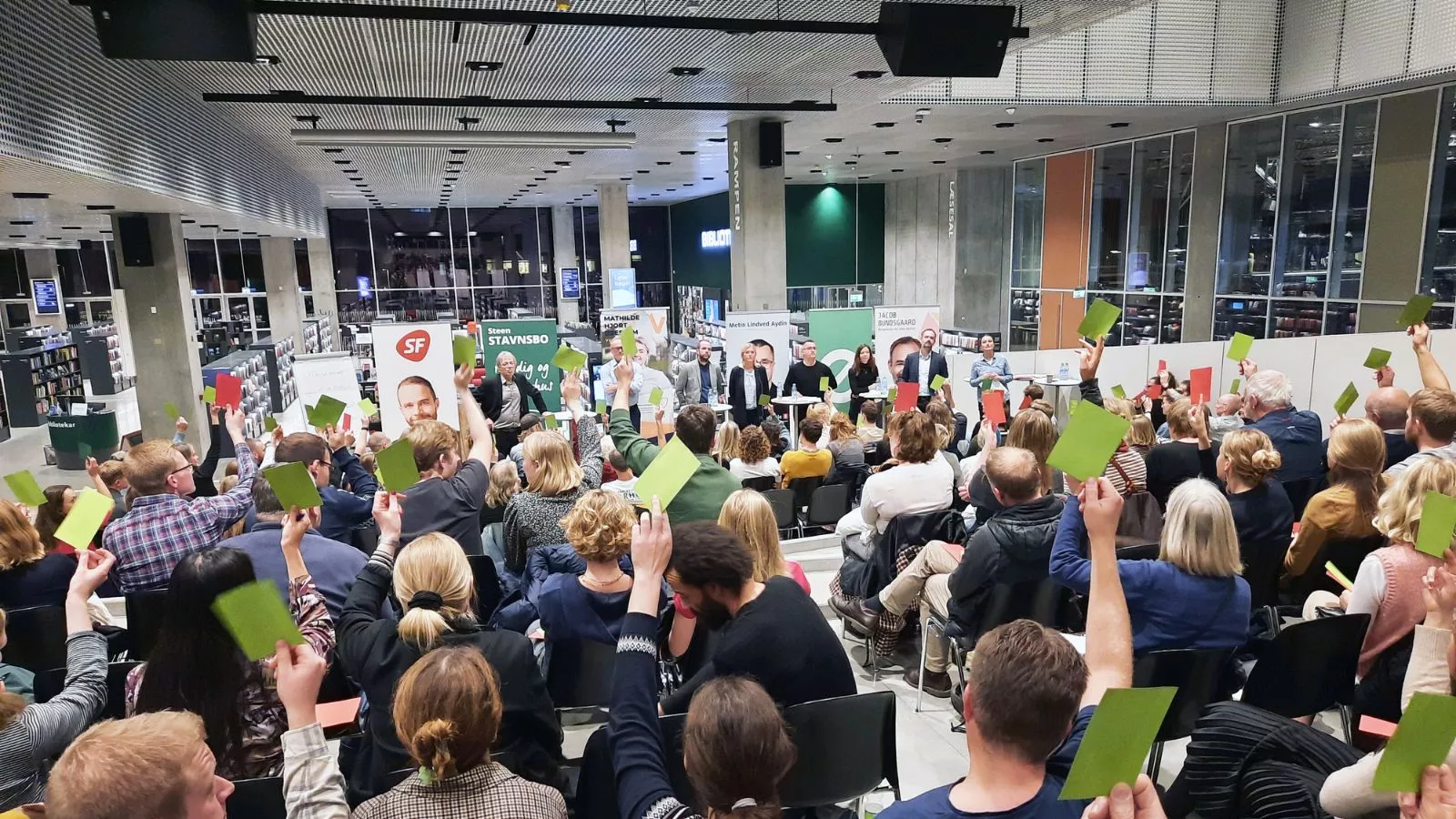 A political debate before a municipal election at the DOKK1 Library in Aarhus, Denmark.