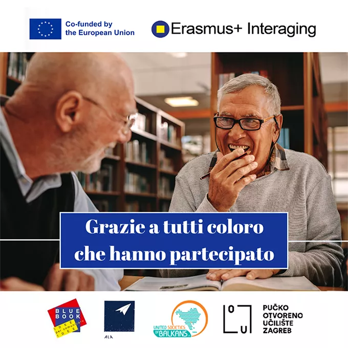 Due uomini anziani che si divertono e la scritta: Grazie a tutti coloro che hanno partecipato.