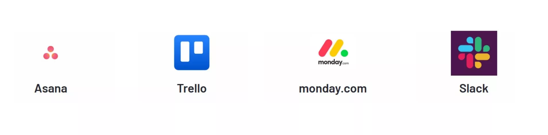 Asana Trelo monday.com Slack Loga aplikacji Asana Trelo monday.com Slack.
