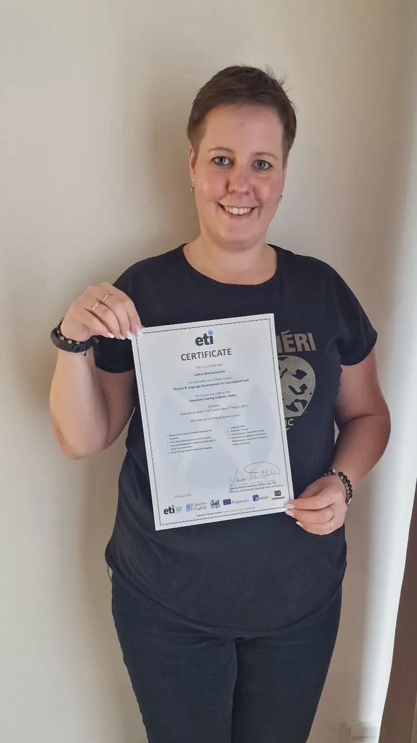 Staff mobility Erasmus+ Person with certificate after mobility.