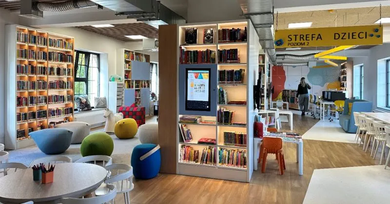 Interior of the Żory Library, designed with Scandinavian-inspired elements.