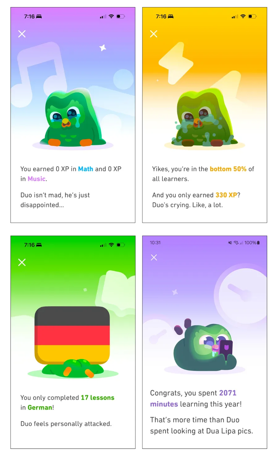 Przykładowe ekrany Duolingo .