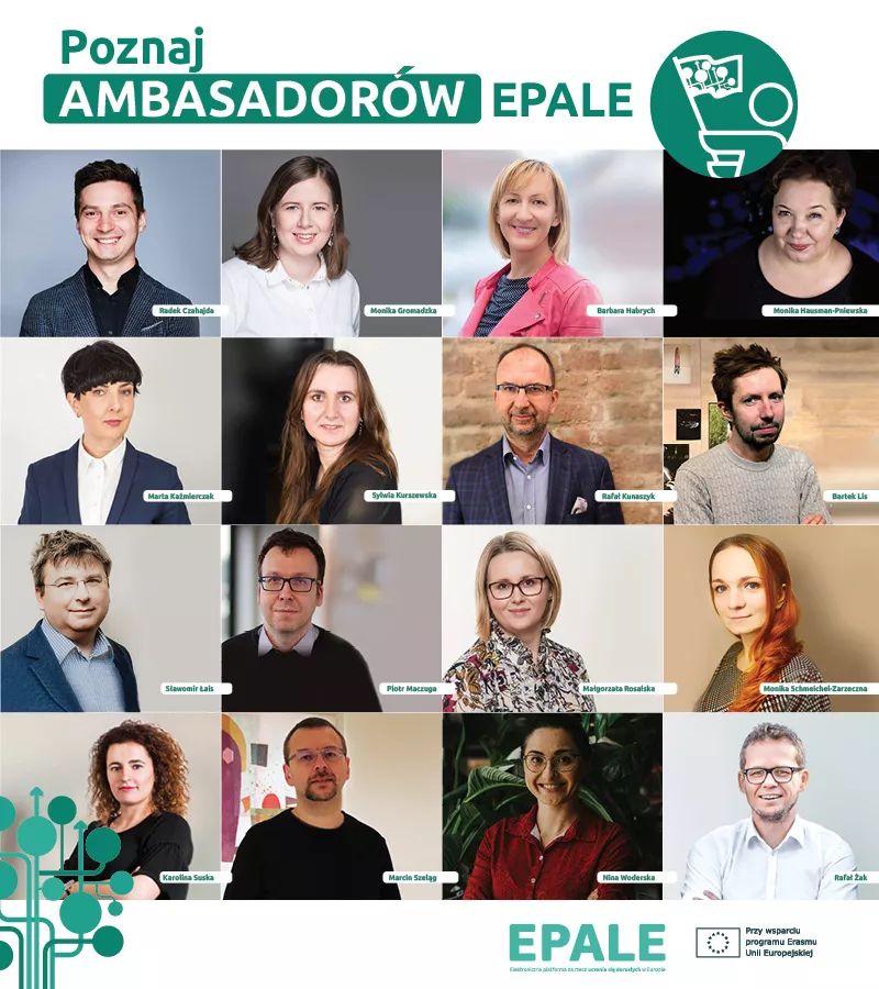 Poznaj Ambasadorów EPALE! Kolaż zdjęć 16 Ambasadorów EPALE.