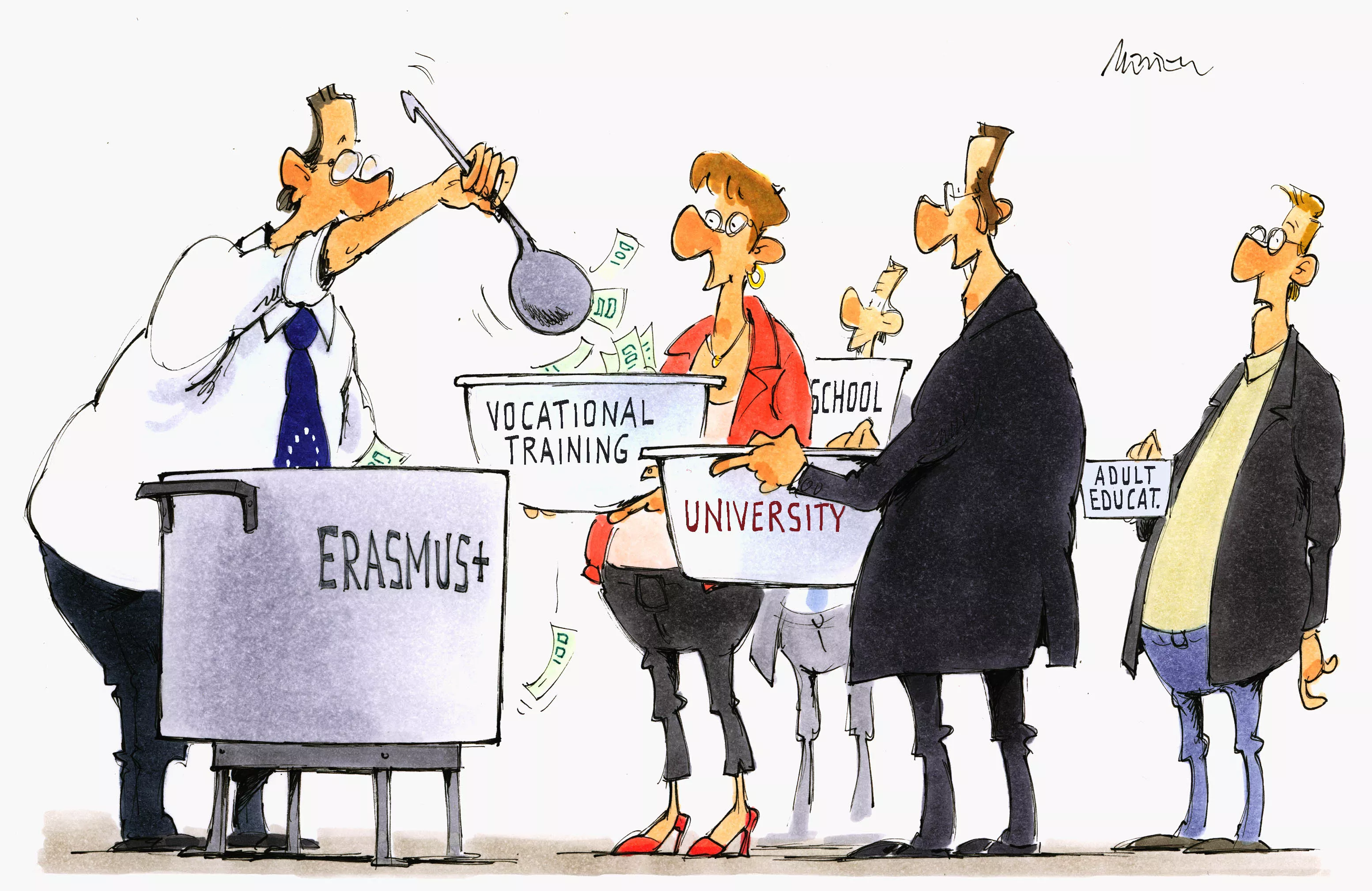 Karikatur: Gerhard Mester Cartoon zur Geldverteilung des Erasmus+ Topf.