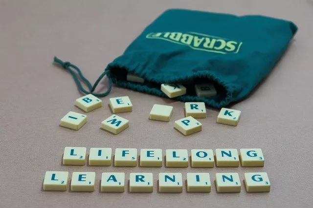 Scrabble-Würfel, die die Worte lebenslanges Lernen bilden.