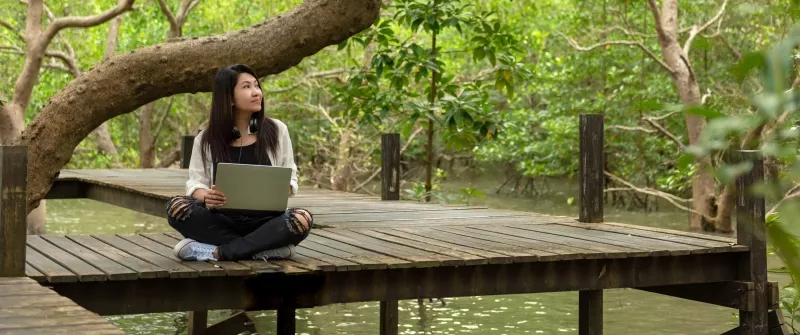 A woman studying under the trees A woman studying under the trees.