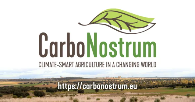 Logótipo do projeto CarboNostrum sobre uma paisagem mediterrânica com URL para o HUB | https://ca...