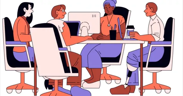 Clipart image of 4 people, 3 woman, one man, working and sitting together.