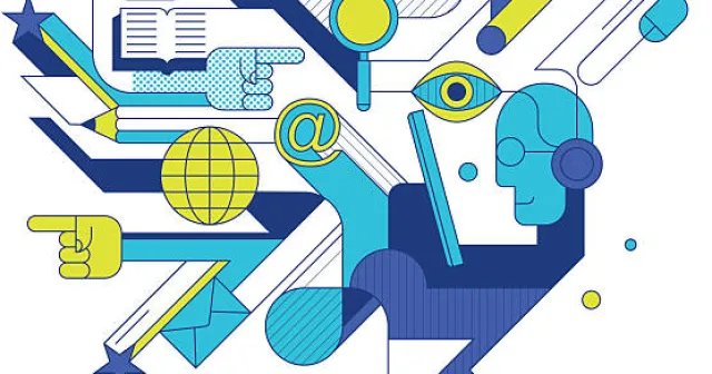 Rappresentazione astratta di apprendimento e conoscenza digitale, con simboli di libri, computer,...