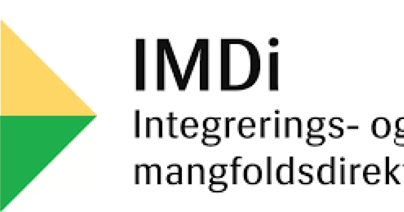 IMDi logo: Skrå firkant som er delt i fire trekanter, en mørk grønn, en lys grønn, en gul og en r...