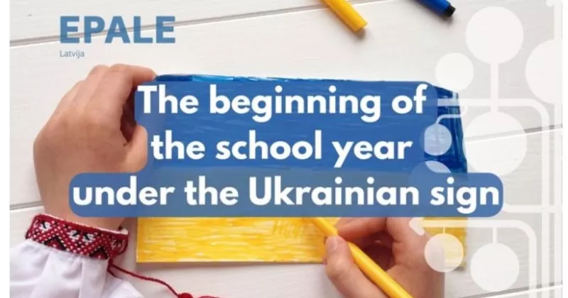 School under Ukrainian sign.