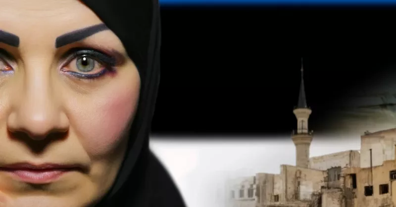 Here is the image depicting a Syrian woman with a black headscarf, standing before a background t...