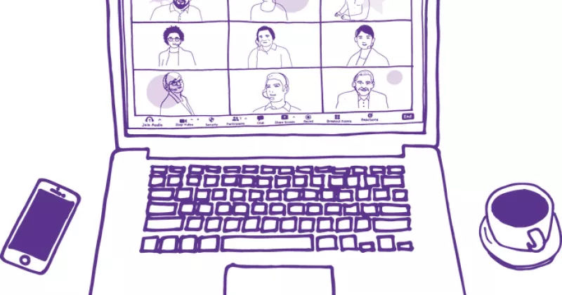 Tecknad bild på öppnad dator i digitalt möte. Mobil och kaffekopp står bredvid.