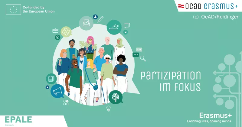 Sujet zur Veranstaltung mit Schriftzug "Partizipation im Fokus" + Grafik, mit Personen, die sich ...