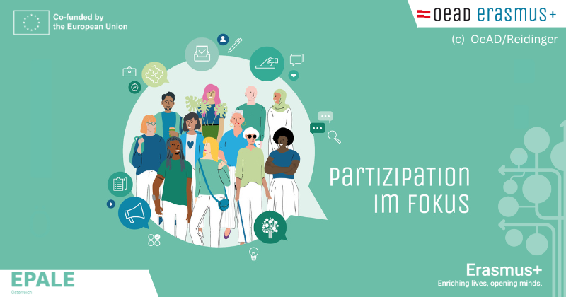 Sujet zur Veranstaltung mit Schriftzug "Partizipation im Fokus" + Grafik, mit Personen, die sich unterhalten.